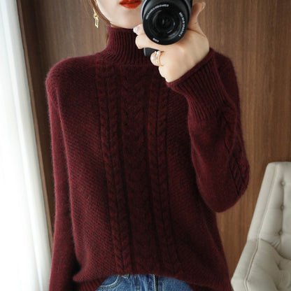 Pull femme à col semi-montant avec maille torsadée et design épaissi