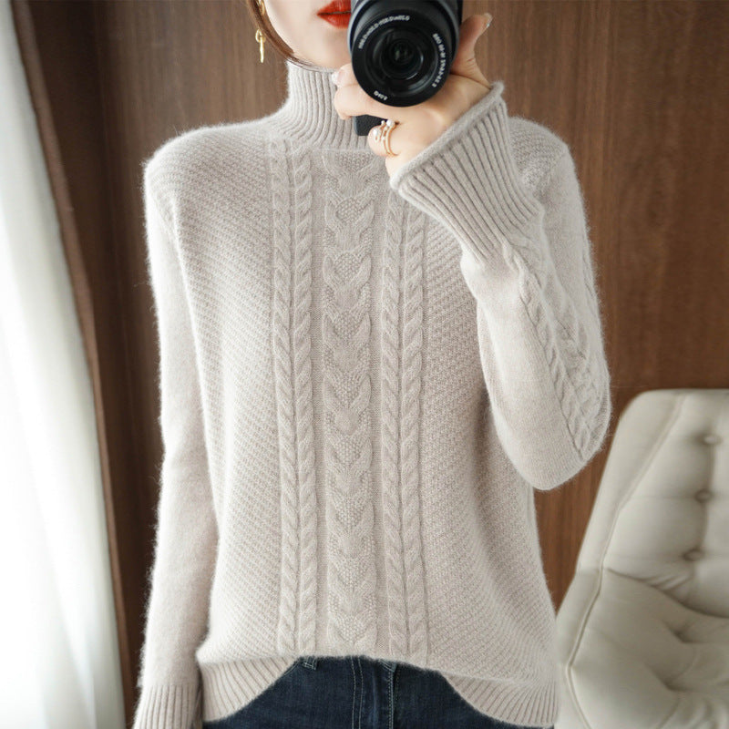 Pull femme à col semi-montant avec maille torsadée et design épaissi