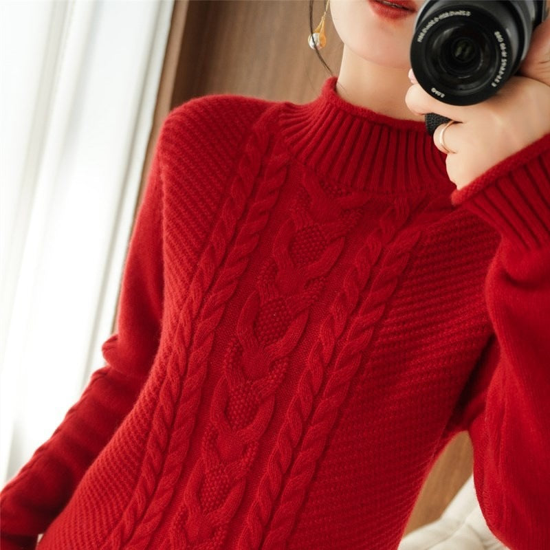 Pull femme à col semi-montant avec maille torsadée et design épaissi